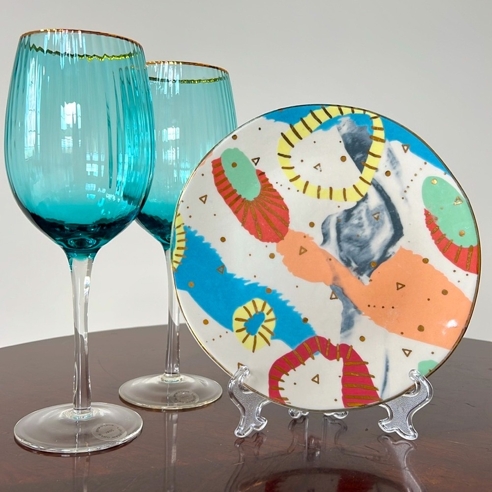 Anthropologie Desert Colorful Ceramic Plate and 2 Teal Wine Glass Set